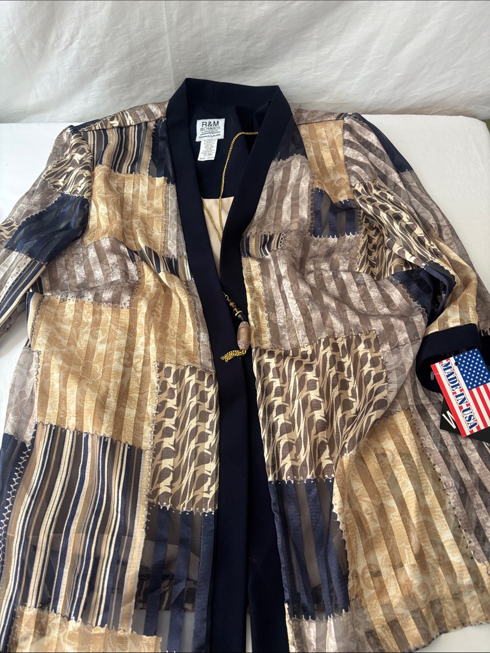 R&M Richards Gold and Navy Patchwork Blazer Open Vintage